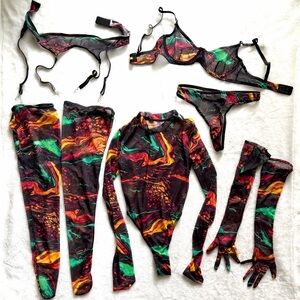 NEW! 8 Piece Vibrant Colorful Swirl Mesh Lingerie Rave Set Size Small